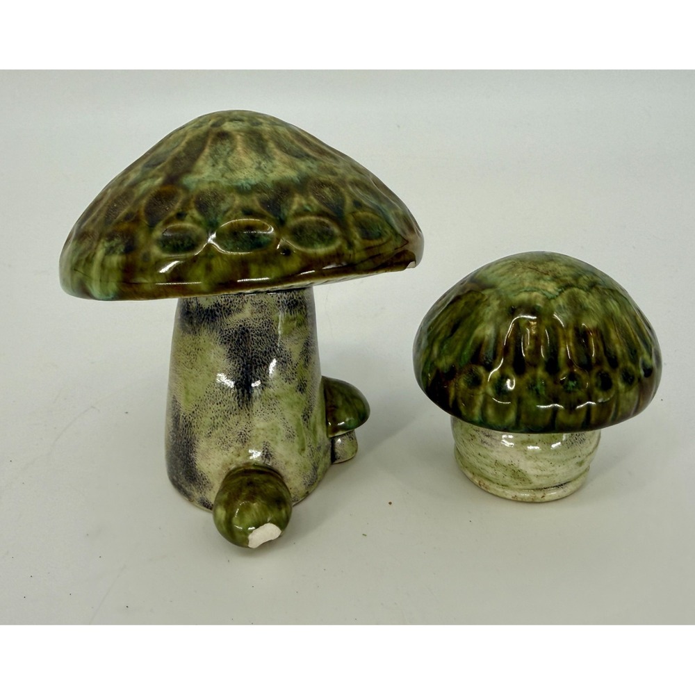 vtg Ceramic Mushroom‎ Set Mini Green Drip Glaze Fairy Garden Cottagecore Decor